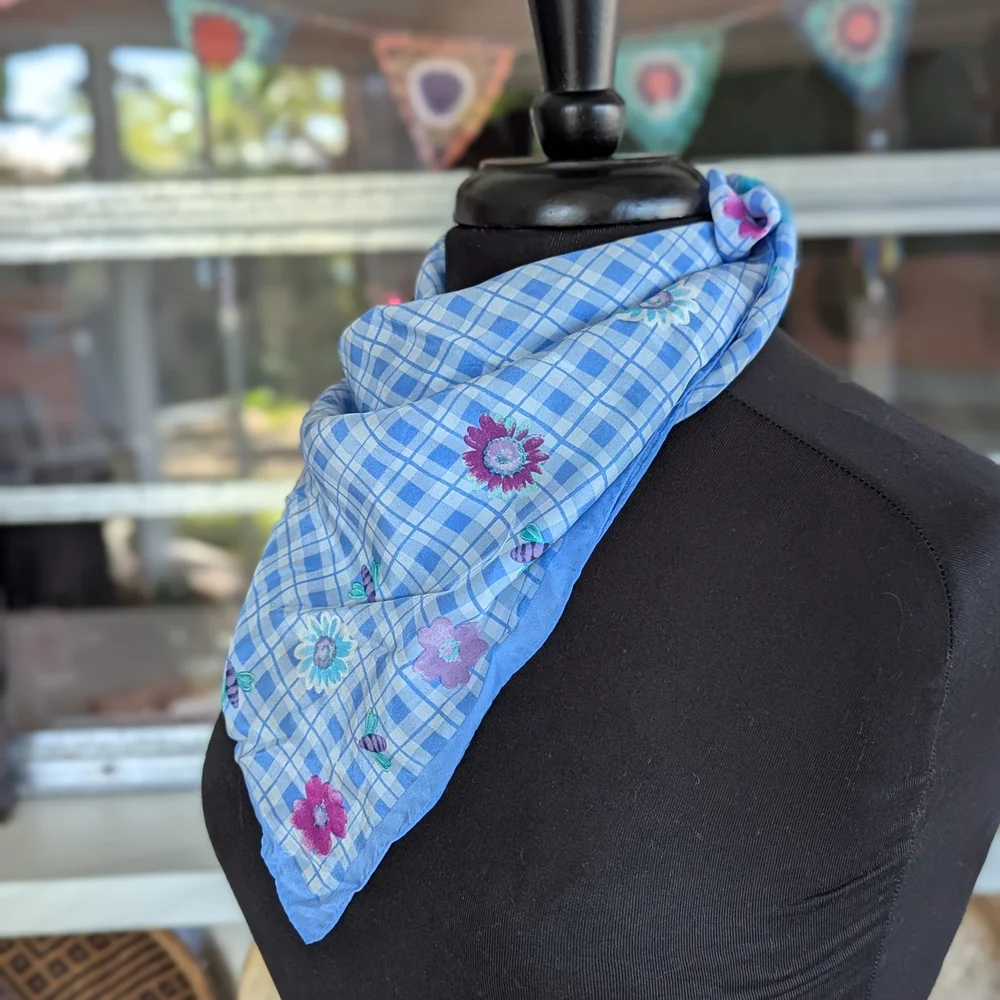 Vintage 80s Elaine Gold Silk Floral Blue Checkered Scarf Cottagecore Boho